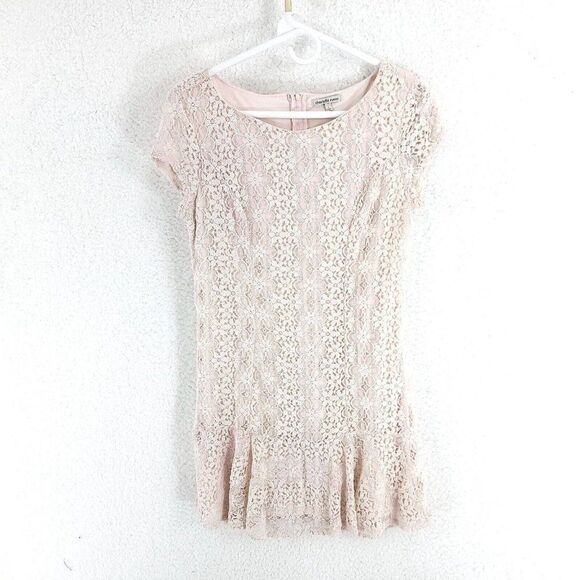 Charlotte Russe Pink Floral Lace W/ Under Shirt Back Zip Top Large Round Neck - Picture 1 of 5